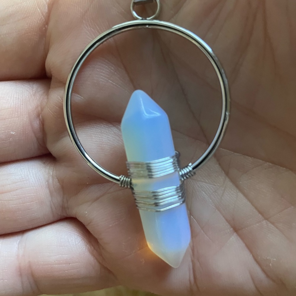 New Rainbow Moonstone point necklace double terminated with a material chain